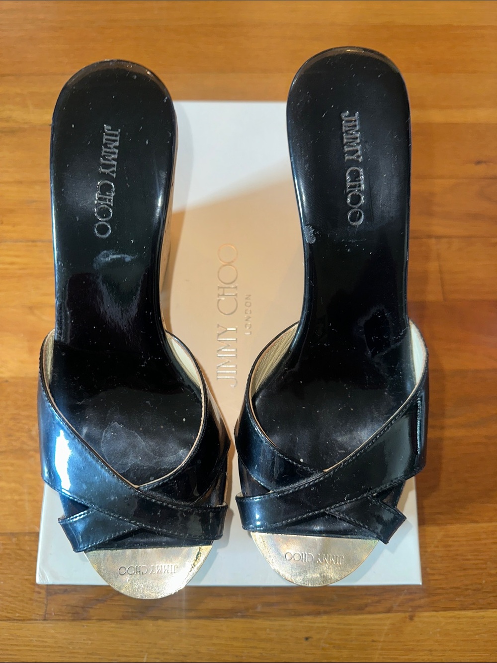 Jimmy Choo Perfume Black Patent Cork Wedge Sandals
